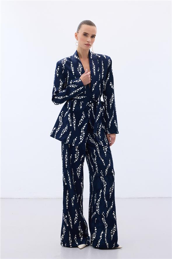 Desenli Uzun Ceket - Lacivert