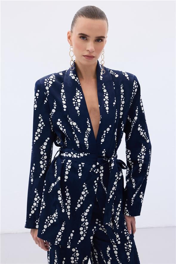 Desenli Uzun Ceket - Lacivert