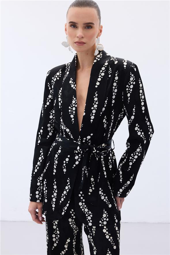 Desenli Uzun Ceket - Siyah