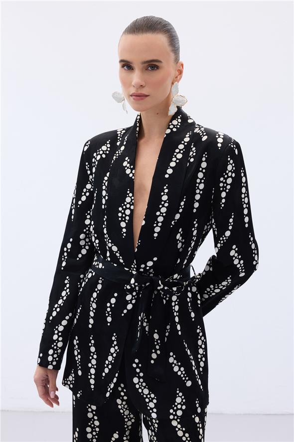 Desenli Uzun Ceket - Siyah