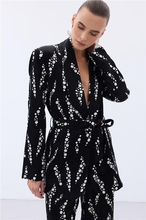 Desenli Uzun Ceket - Siyah