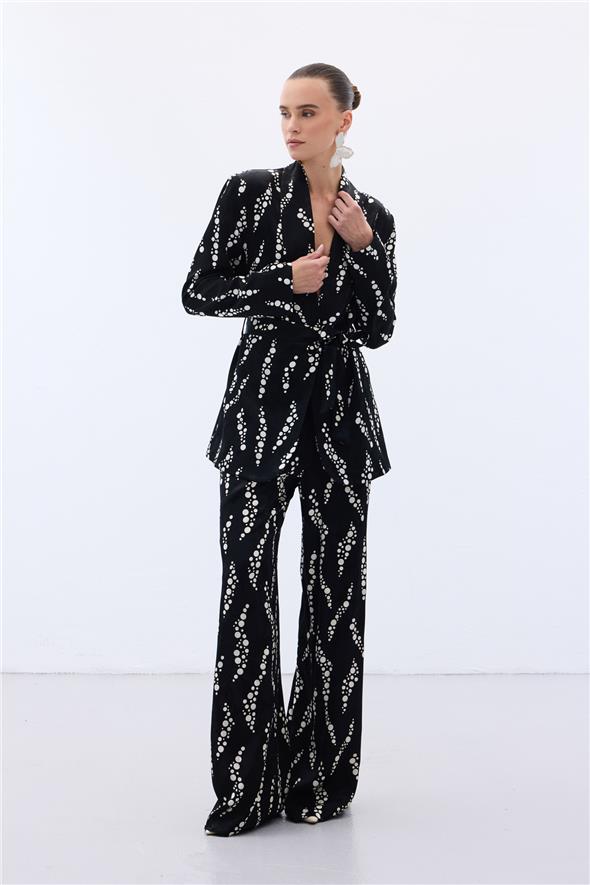 Desenli Uzun Ceket - Siyah