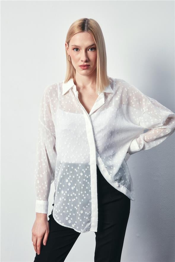 Desenli Uzun Gömlek - Ekru