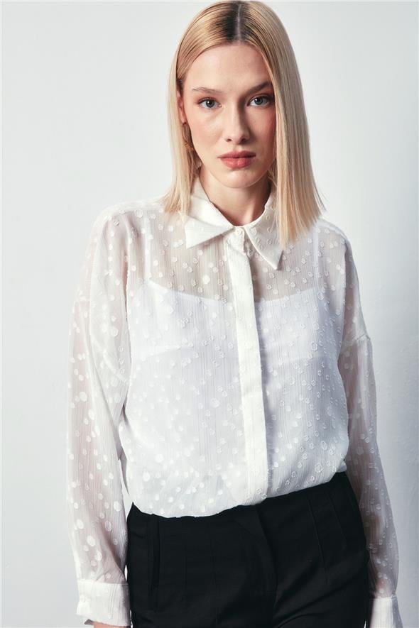 Desenli Uzun Gömlek - Ekru