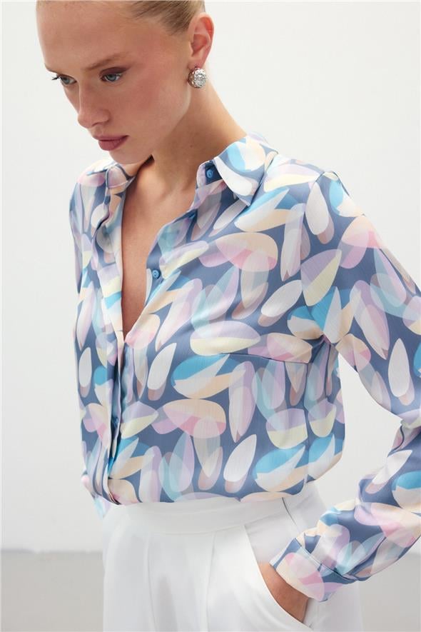 Desenli Uzun Gömlek - Mavi