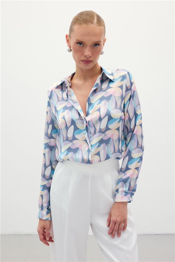 Desenli Uzun Gömlek - Mavi