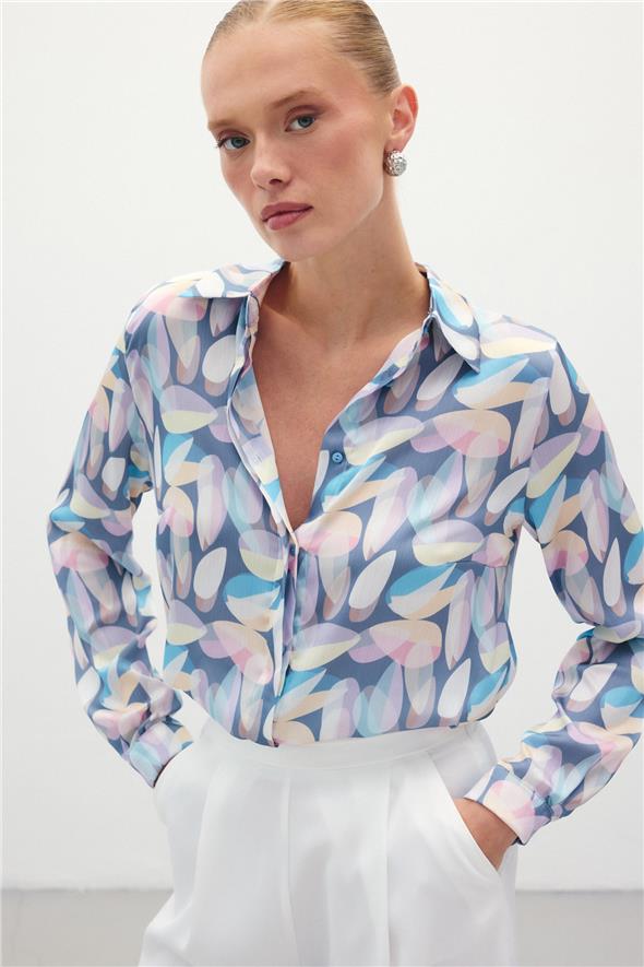 Desenli Uzun Gömlek - Mavi