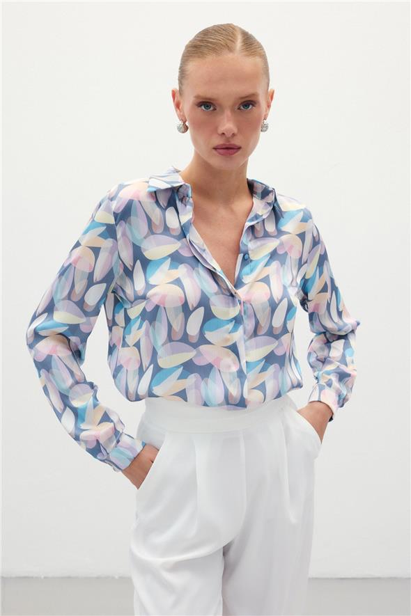 Desenli Uzun Gömlek - Mavi