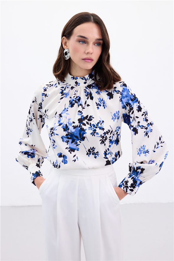 Dik Yaka Bluz - Mavi