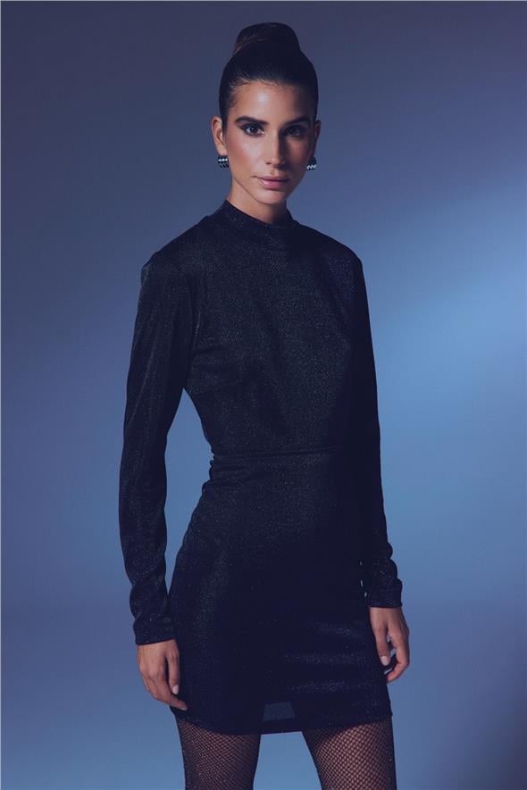 Dik Yaka Simli Bodysuit - Siyah