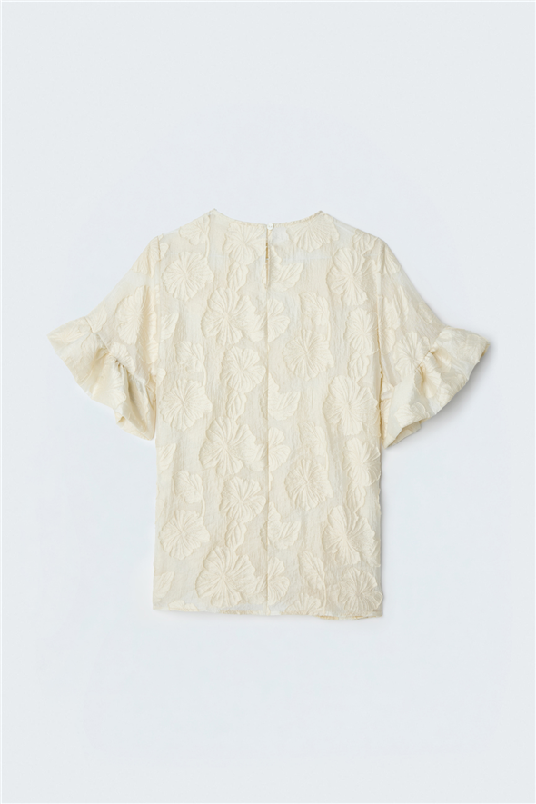 Dokulu Kısa Kollu Bluz - Bej