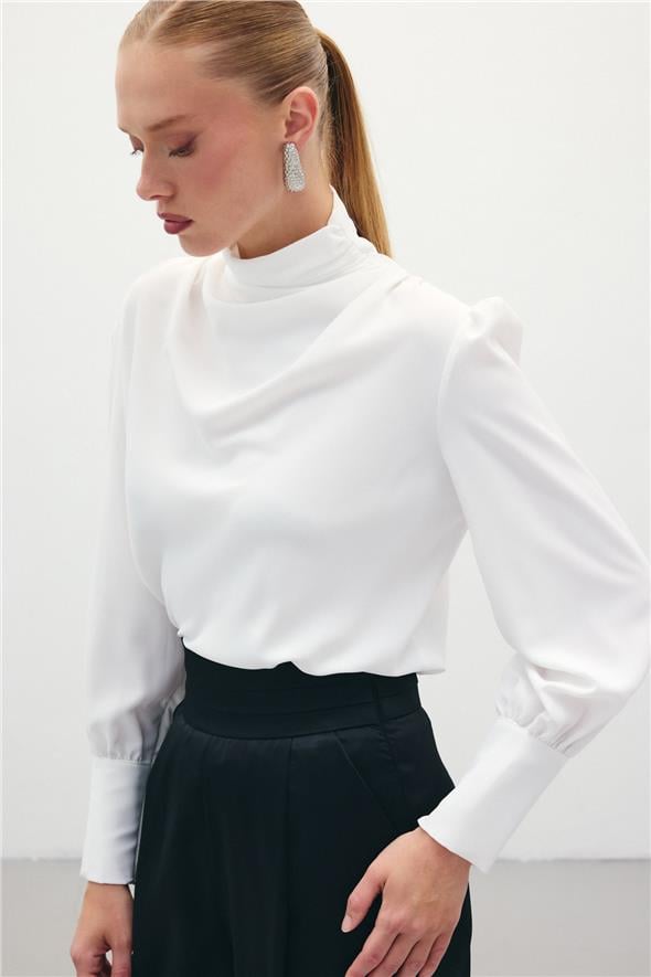 Drape Detaylı  Bluz - Ekru