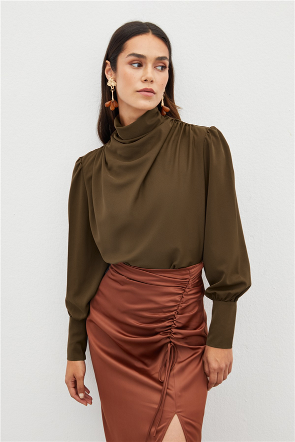 Drape Detaylı  Bluz - Kahve