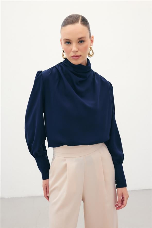 Drape Detaylı  Bluz - Lacivert