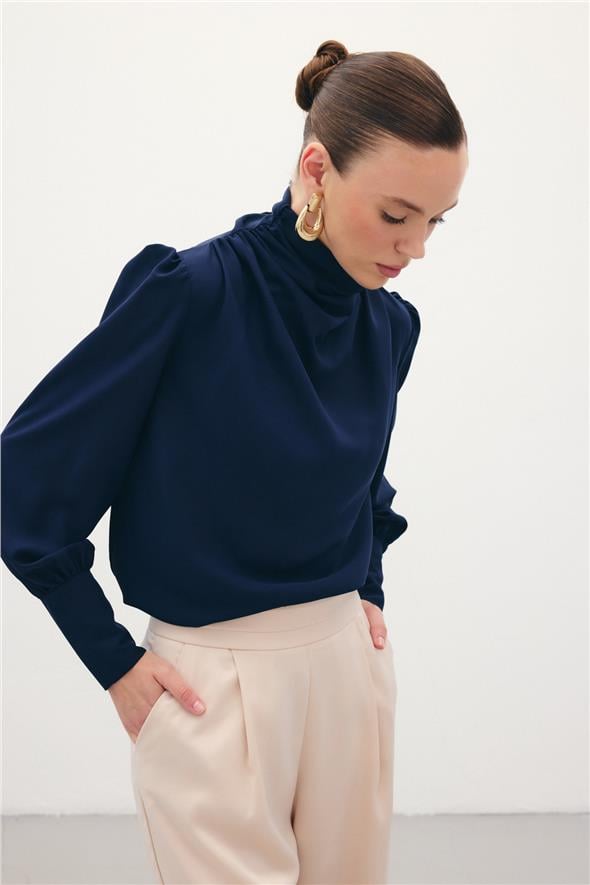Drape Detaylı  Bluz - Lacivert