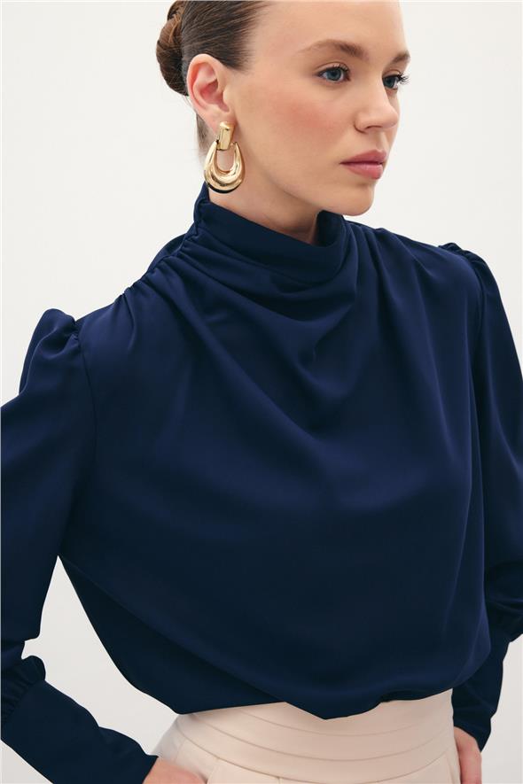 Drape Detaylı  Bluz - Lacivert
