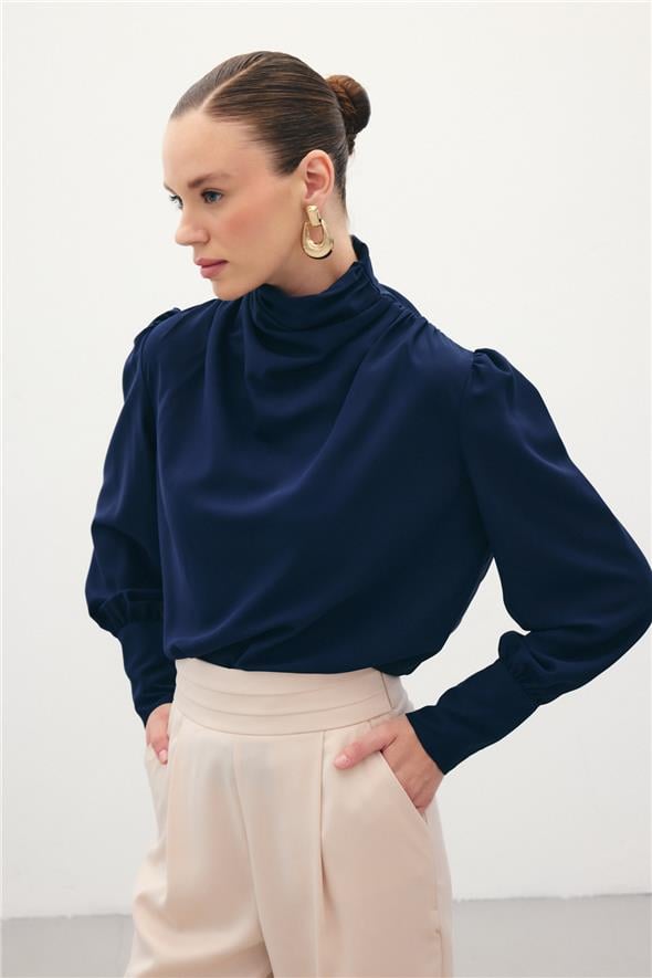 Drape Detaylı  Bluz - Lacivert