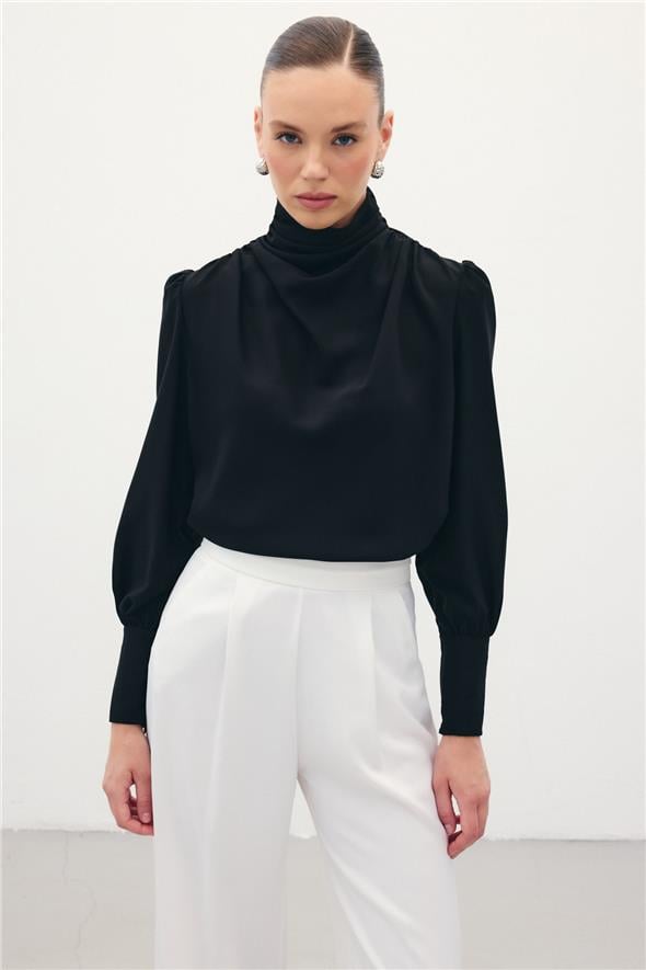 Drape Detaylı  Bluz - Siyah