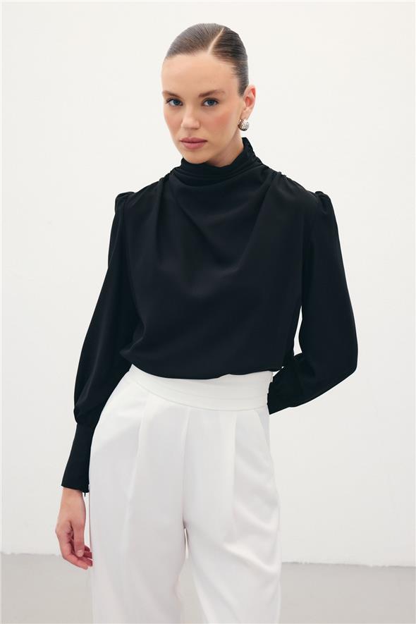 Drape Detaylı  Bluz - Siyah