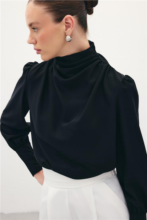 Drape Detaylı  Bluz - Siyah