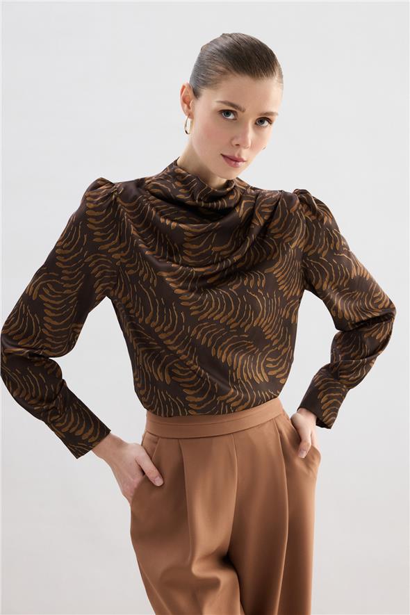 Drape Detaylı Desenli Bluz - Kahve