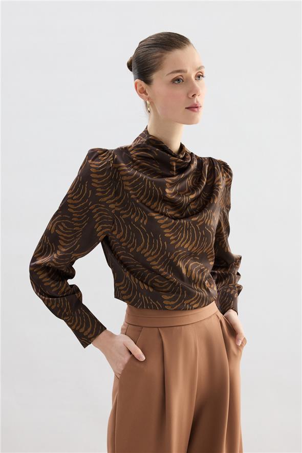 Drape Detaylı Desenli Bluz - Kahve