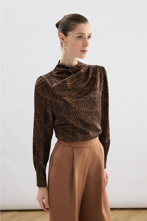 Drape Detaylı Desenli Bluz - Kahve