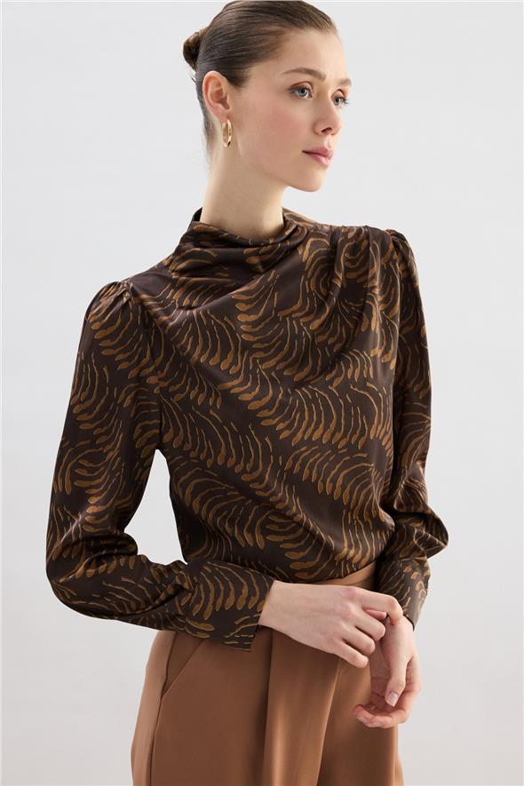 Drape Detaylı Desenli Bluz - Kahve