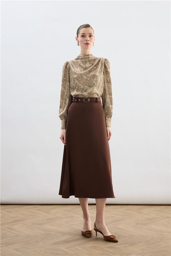 Drape Detaylı Desenli Bluz - Vizon