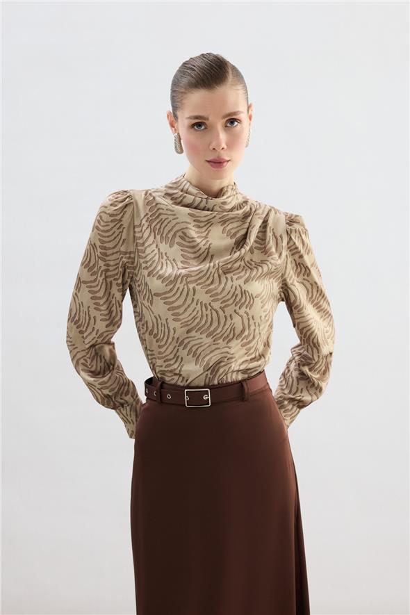 Drape Detaylı Desenli Bluz - Vizon