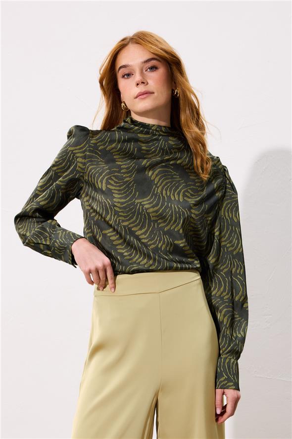 Drape Detaylı Desenli Bluz - Yeşil