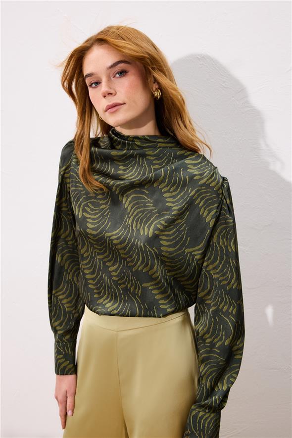 Drape Detaylı Desenli Bluz - Yeşil