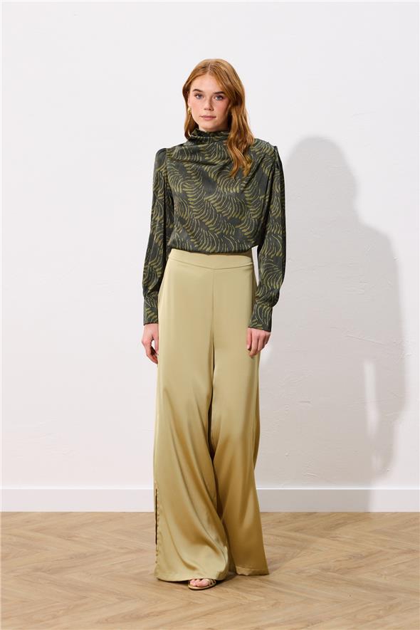 Drape Detaylı Desenli Bluz - Yeşil