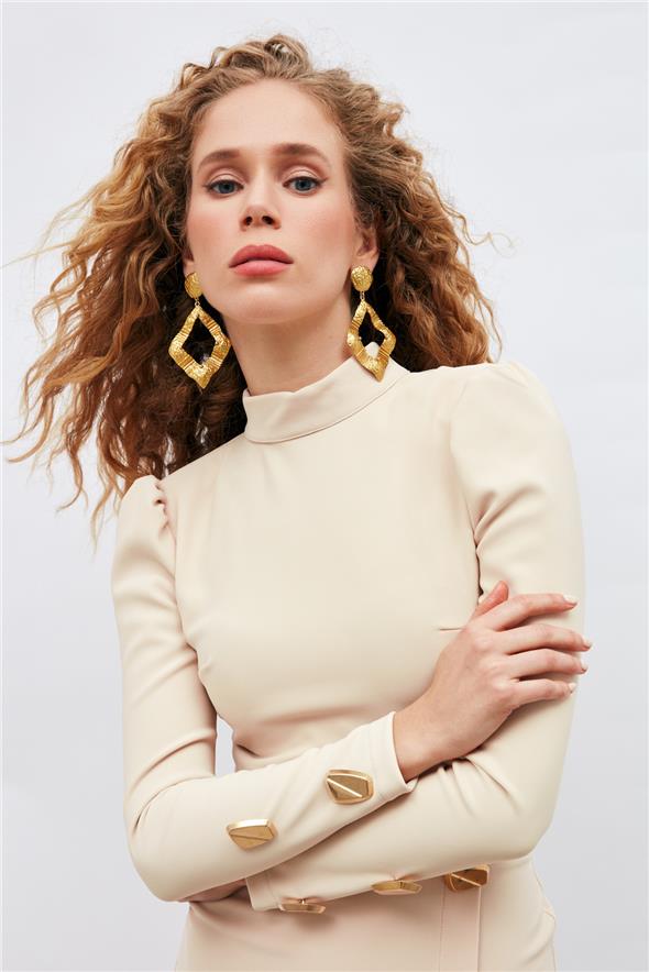 Düğme Detaylı Crop Bluz - Bej