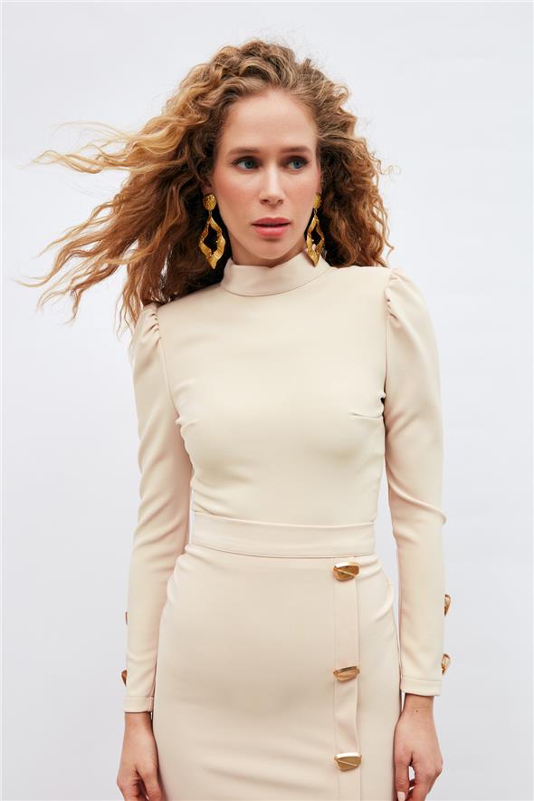 Düğme Detaylı Crop Bluz - Bej