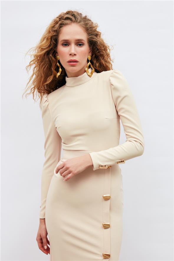 Düğme Detaylı Crop Bluz - Bej