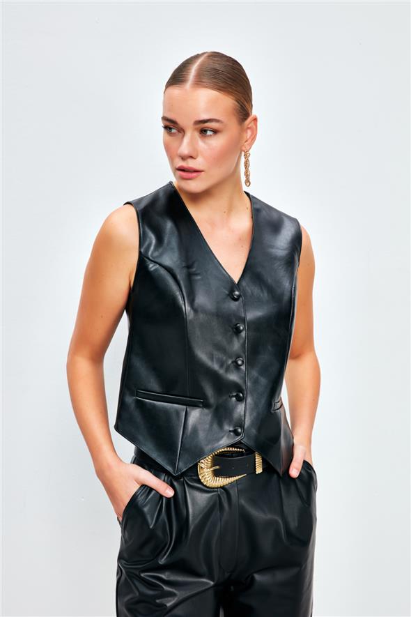 Düğme Detaylı Deri Yelek - Siyah
