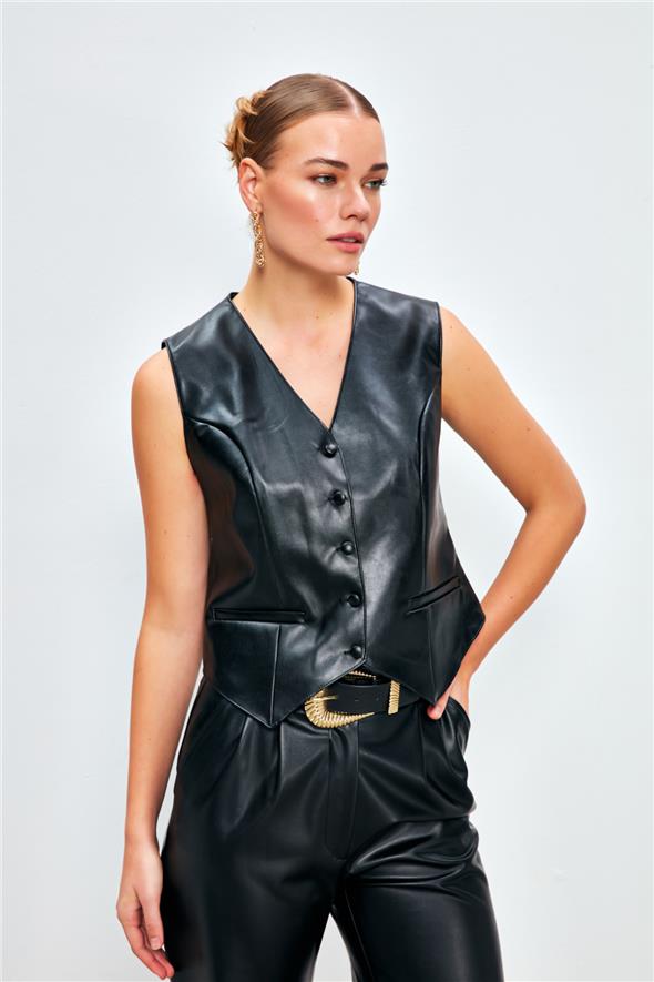 Düğme Detaylı Deri Yelek - Siyah