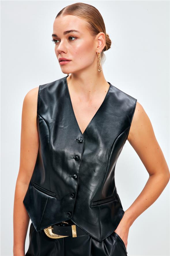 Düğme Detaylı Deri Yelek - Siyah