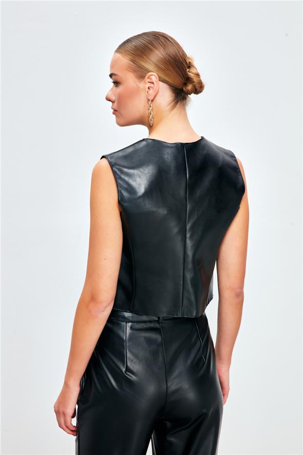 Düğme Detaylı Deri Yelek - Siyah