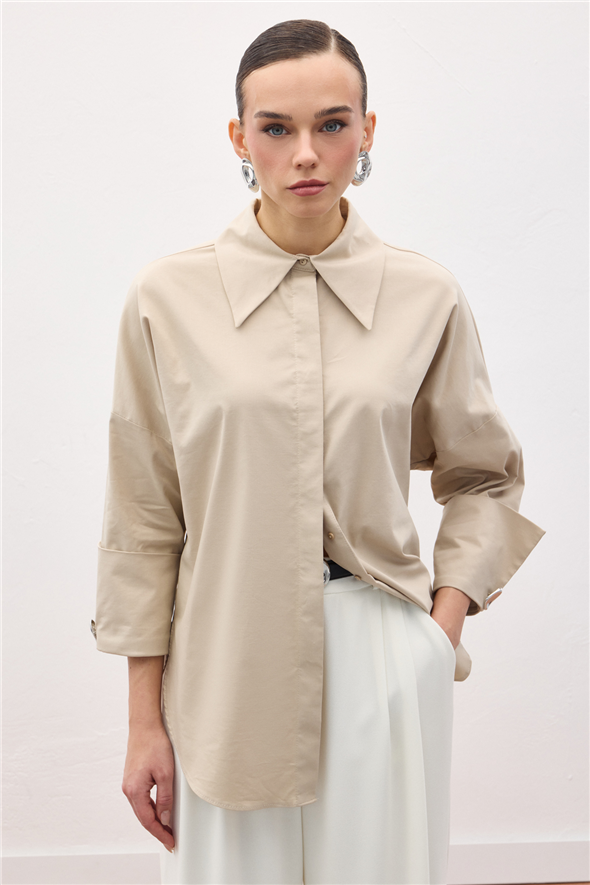 Düğme Detaylı Gömlek - Bej