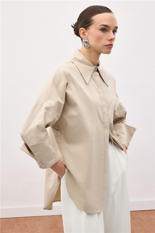 Düğme Detaylı Gömlek - Bej