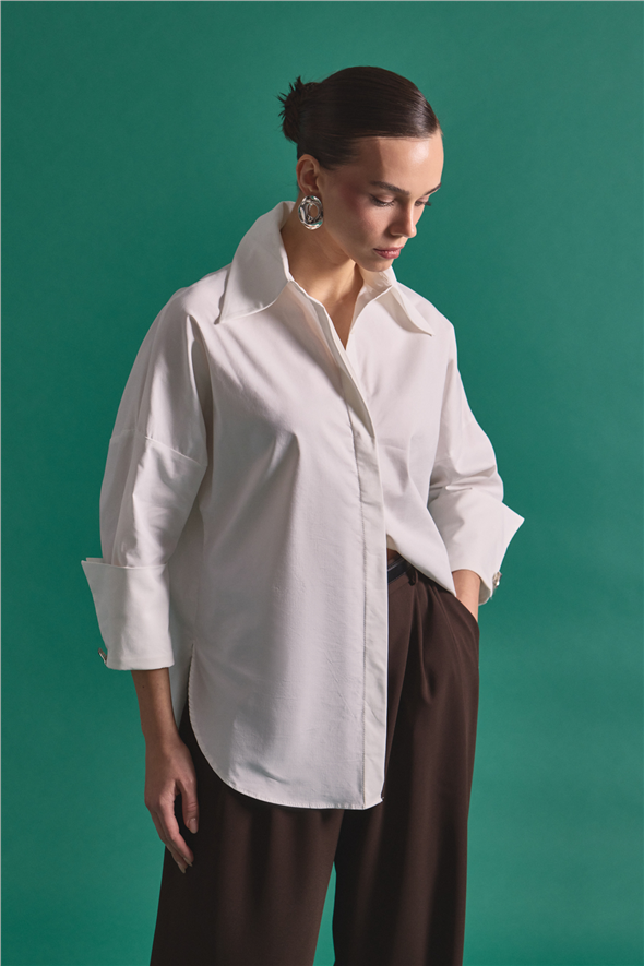 Düğme Detaylı Gömlek - Ekru