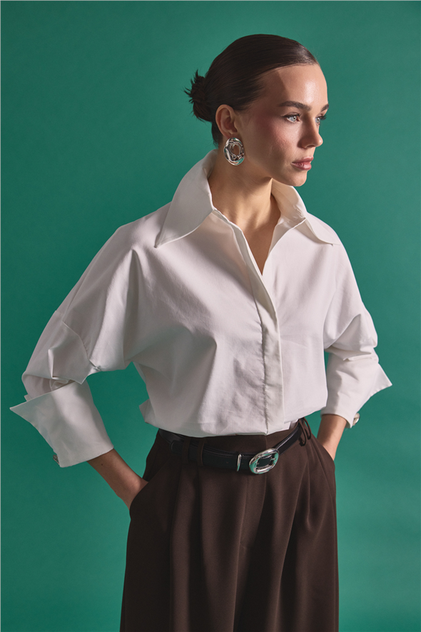 Düğme Detaylı Gömlek - Ekru