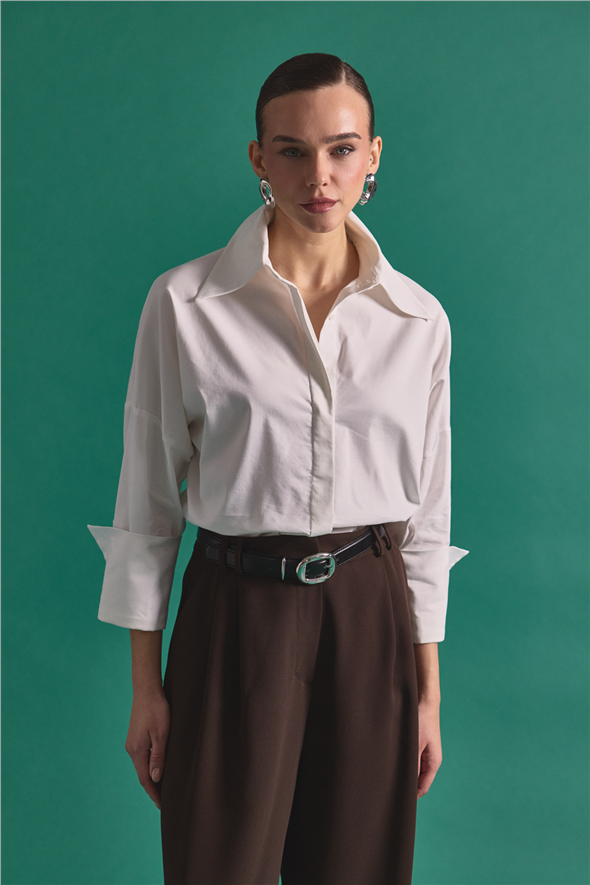 Düğme Detaylı Gömlek - Ekru