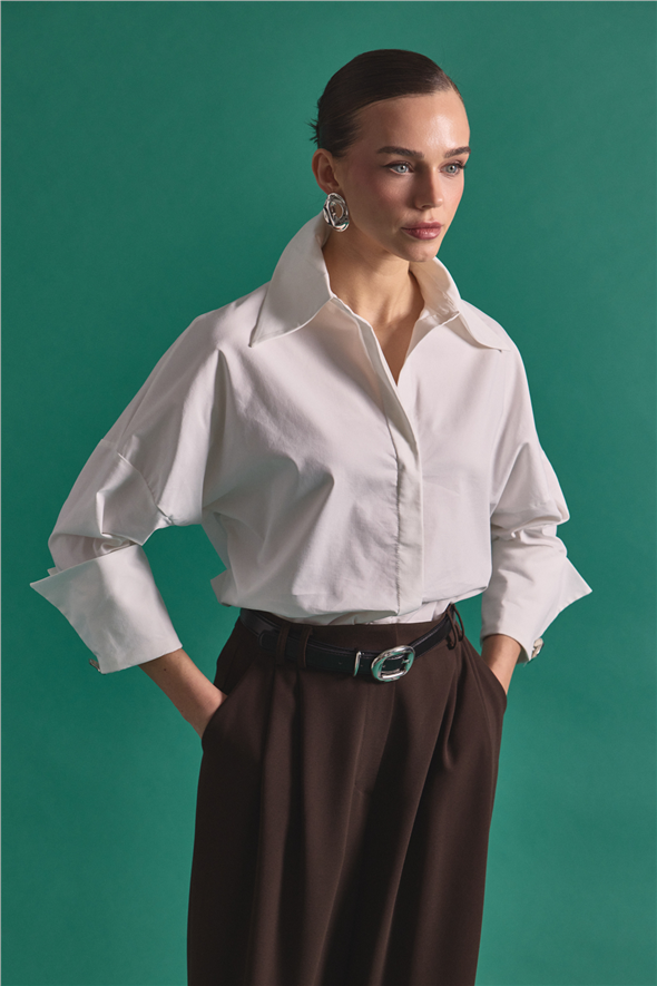 Düğme Detaylı Gömlek - Ekru