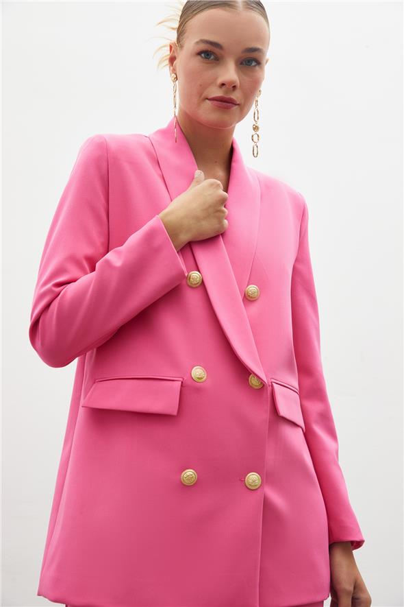 Düğme Detaylı Kruvaze Ceket - Pembe