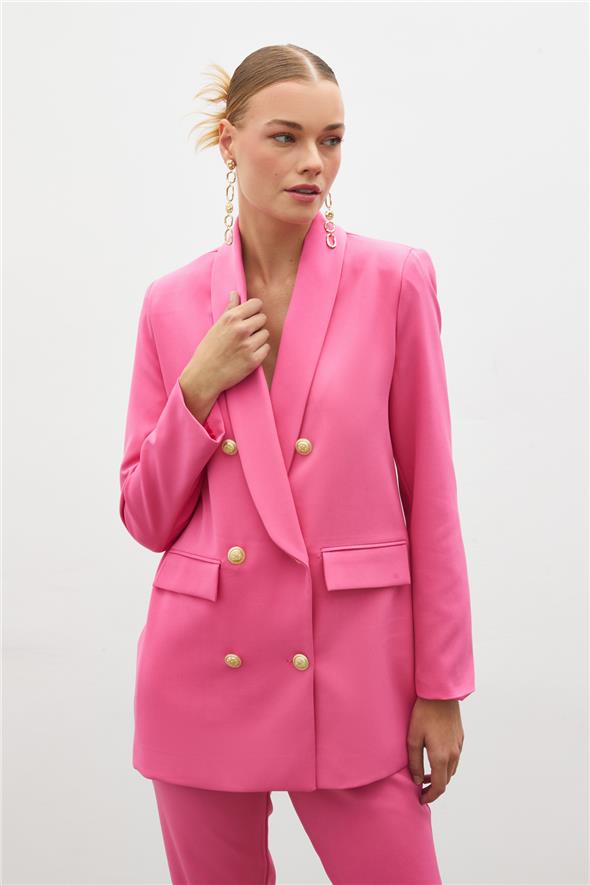 Düğme Detaylı Kruvaze Ceket - Pembe