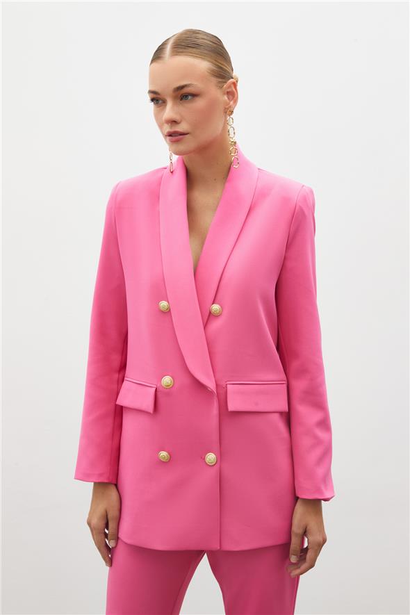 Düğme Detaylı Kruvaze Ceket - Pembe