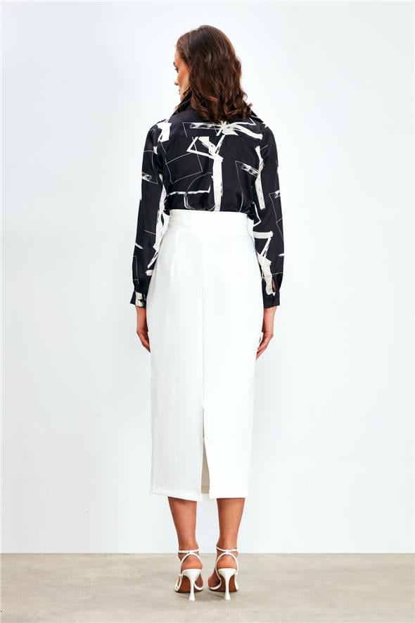 Düğme Detaylı Midi Etek - Ekru